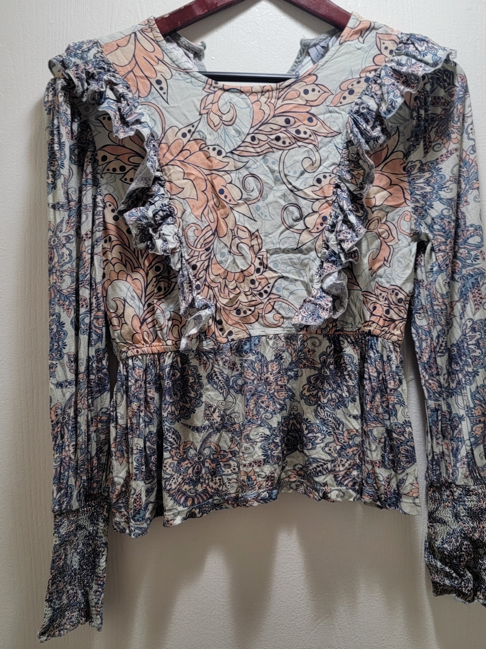 Ruffled Floral Peplum Blouse - Blue & Peach